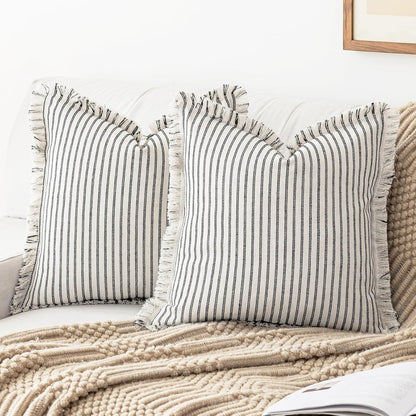 Farmhouse Striped Fringe Pillow Cover- Black