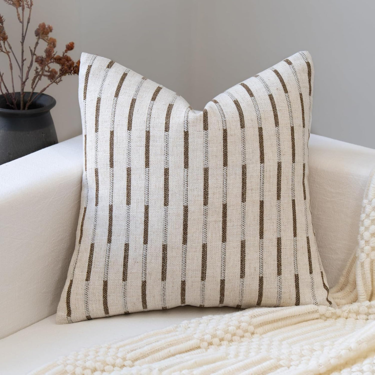 Neutral Farmhouse Throw Pillow Cover - Beige Stripe