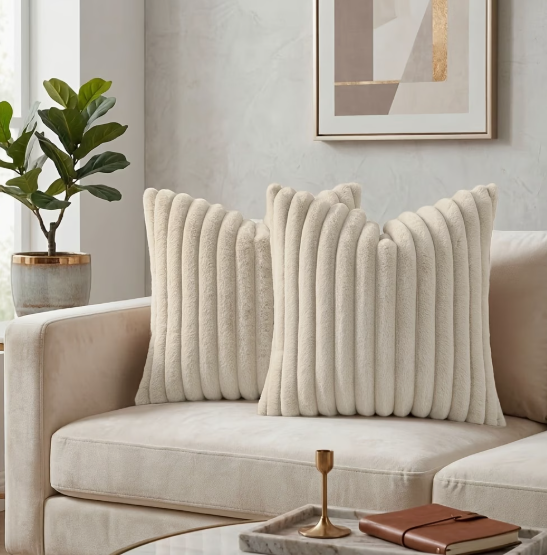 Faux Fur Boho Throw Pillow Covers- Ivory