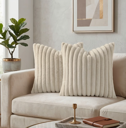 Faux Fur Boho Throw Pillow Covers- Ivory