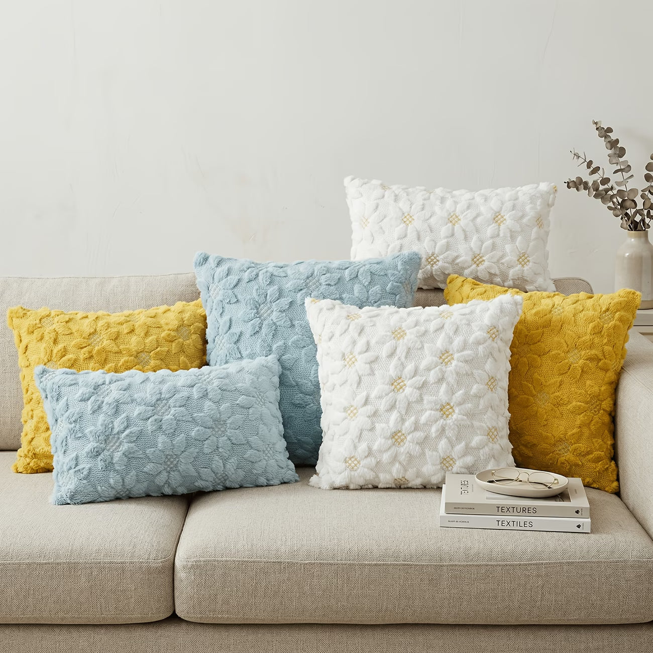 3D Sunflower Embroidery Throw Pillow Cover- White