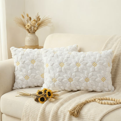 3D Sunflower Embroidery Throw Pillow Cover- White