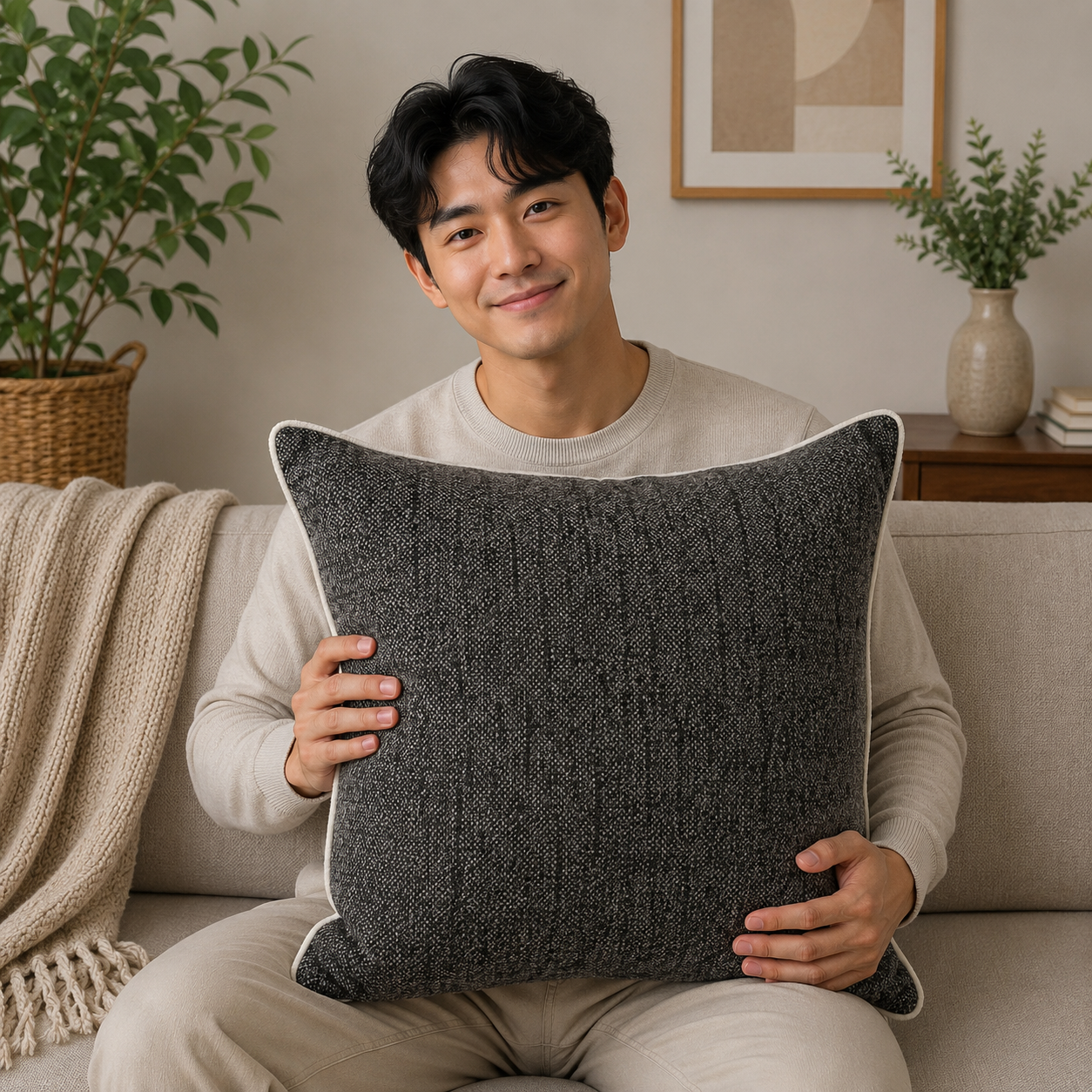 Textured Sunbrella Outdoor Throw Pillow Cover - Black