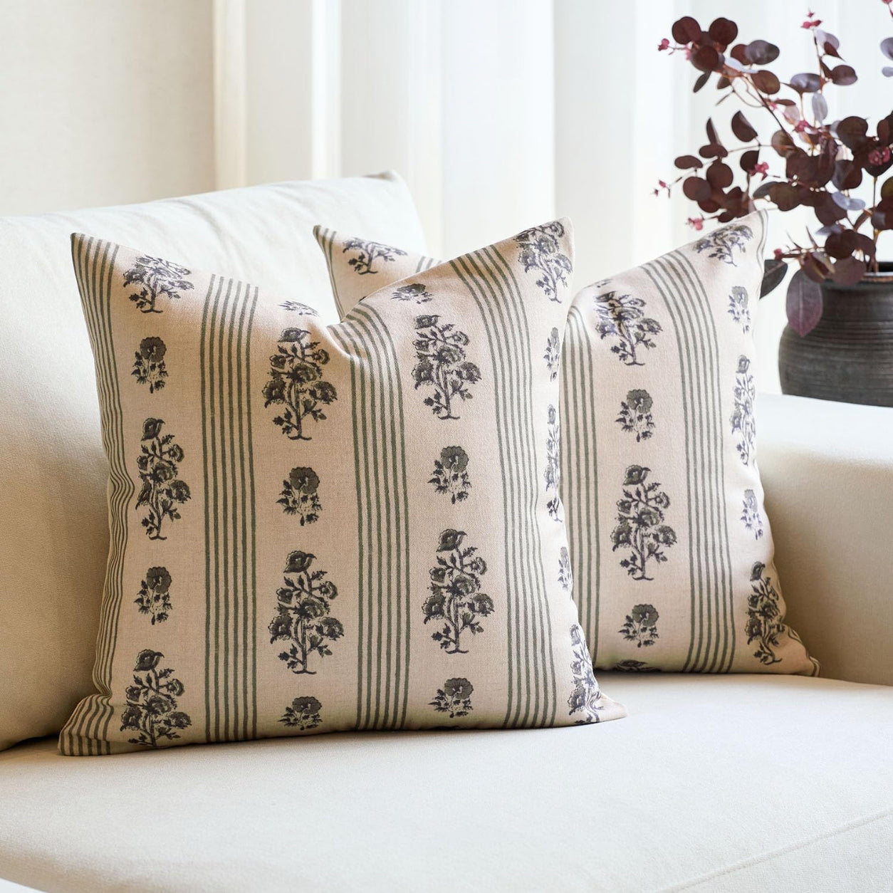 Rustic Floral Throw Pillow Cover- Dusty Green