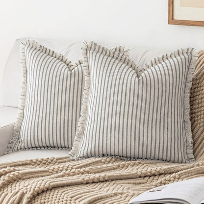 Farmhouse Striped Fringe Pillow Cover- Grey