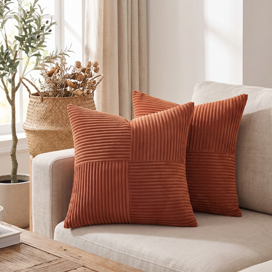 Boho Patchwork Corduroy Cushion Cover – Rust – styled on a sofa