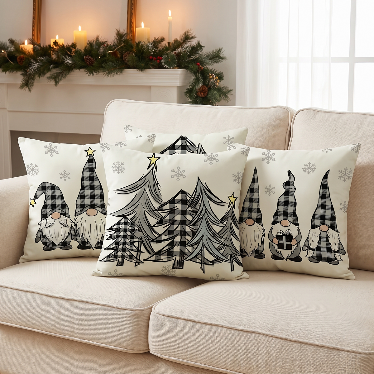 Christmas Gnome Cushion Covers – Set of 4 – full set styled on a sofa
