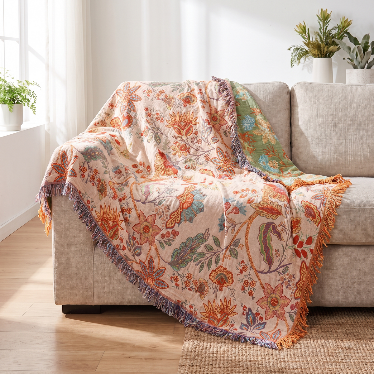 Rustic Floral Cotton Throw Blanket – draped over a sofa