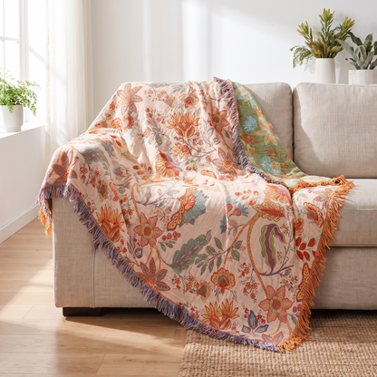 Rustic Floral Cotton Throw Blanket – draped over a sofa