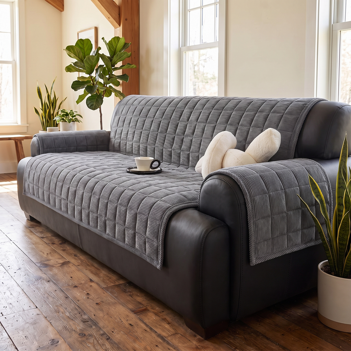 Quilted Couch Cover Mat – Metro Line – three-quarter view showing fit