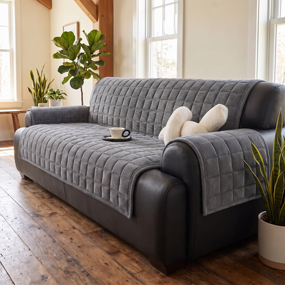 Quilted Couch Cover Mat – Metro Line – three-quarter view showing fit