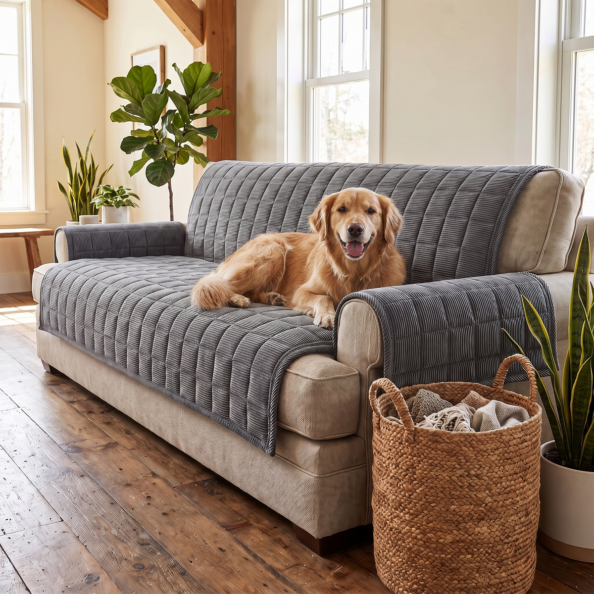 Quilted Couch Cover Mat – Metro Line – with a dog on the sofa