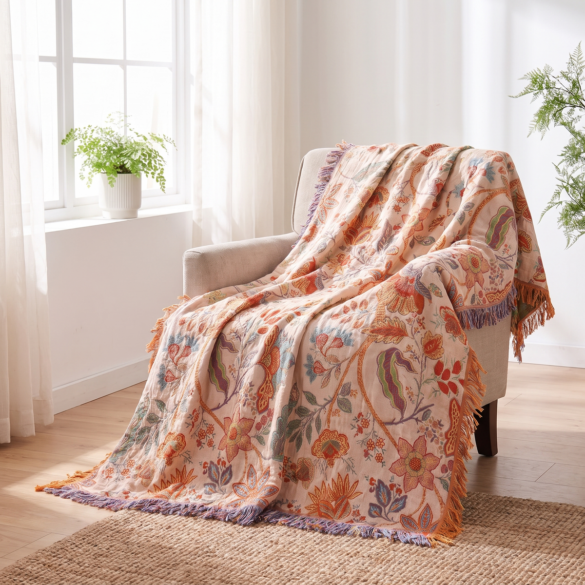 Rustic Floral Cotton Throw Blanket – draped over an armchair