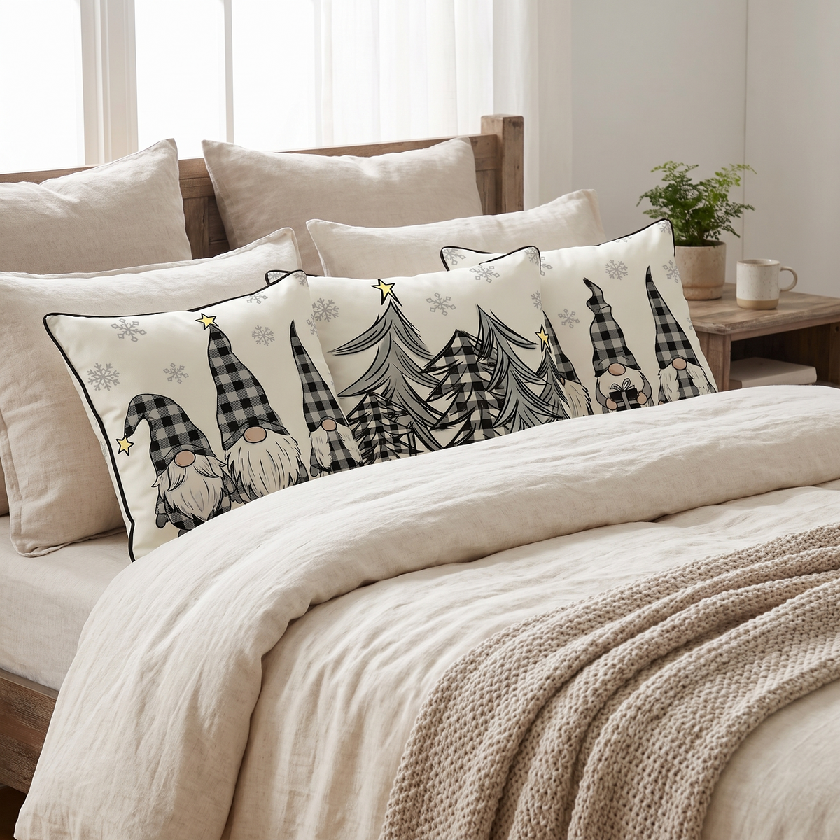 Christmas Gnome Cushion Covers – Set of 4 – styled on a bed