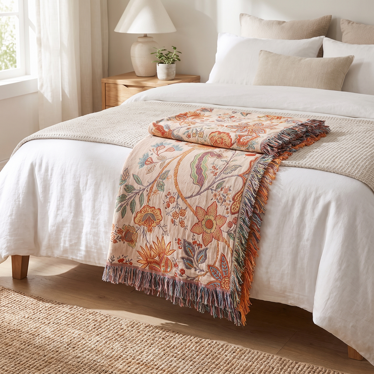 Rustic Floral Cotton Throw Blanket – folded on a bed