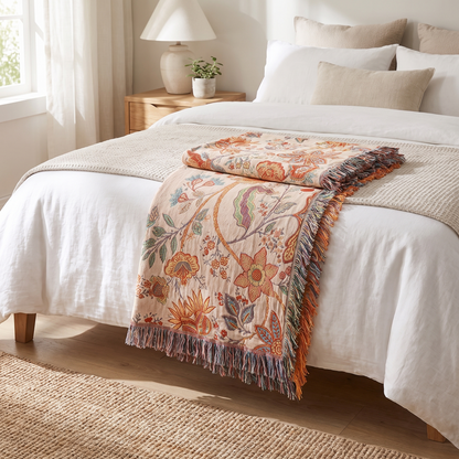 Rustic Floral Cotton Throw Blanket – folded on a bed