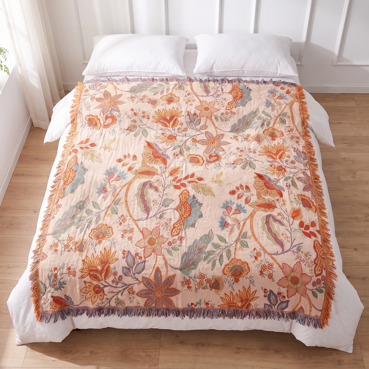 Rustic Floral Cotton Throw Blanket – full size laid flat