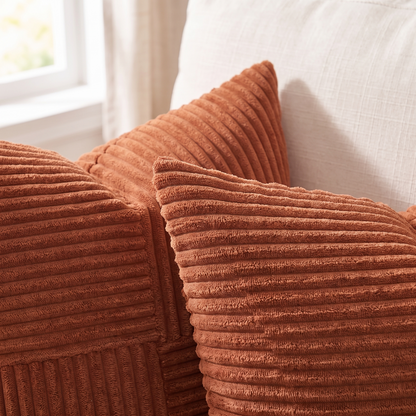 Boho Patchwork Corduroy Cushion Cover – Rust – fabric close-up