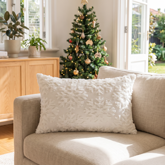 Snowflake Christmas Cushion Cover – Classic Knit Look – styled on a sofa