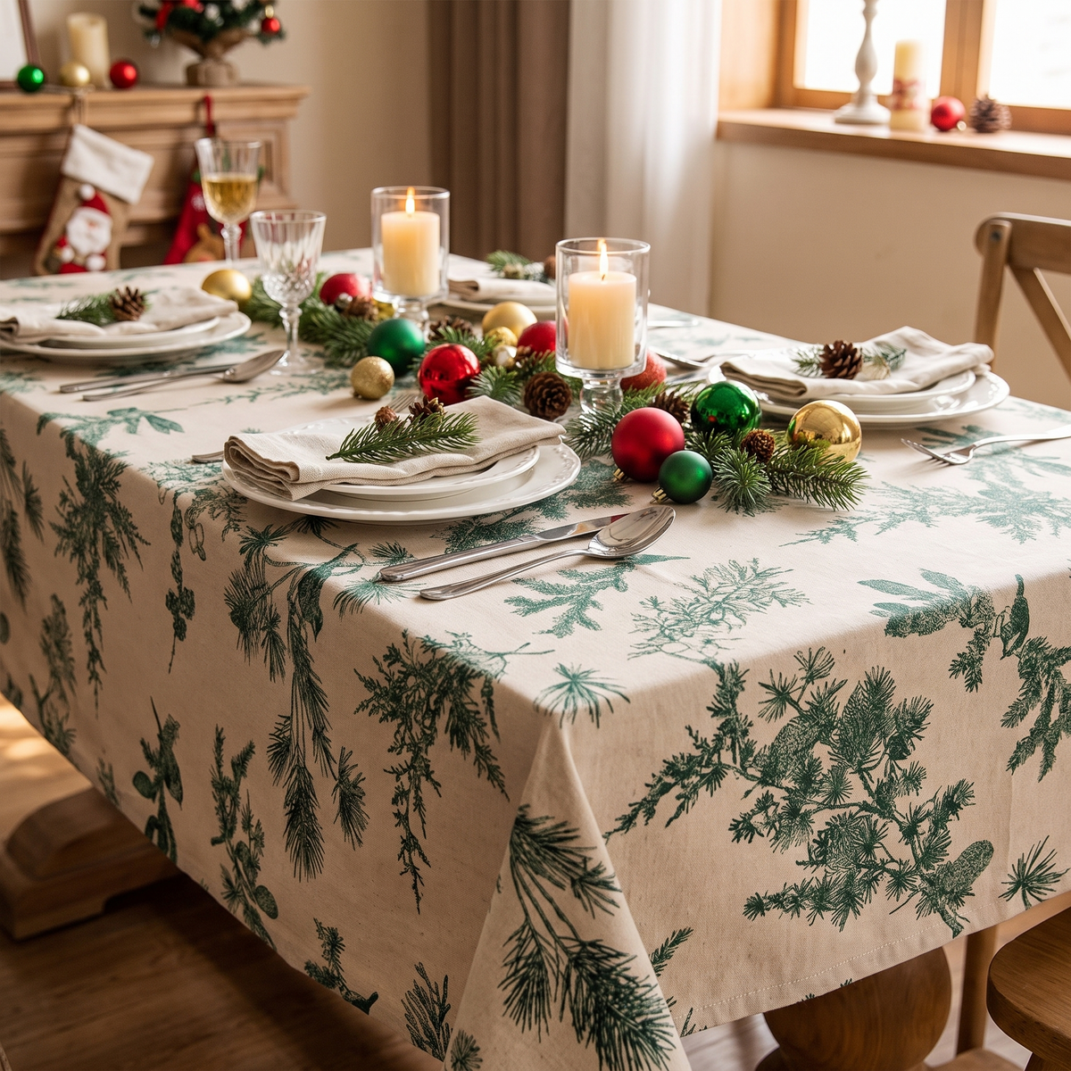 Pine Grove Cotton Christmas Tablecloth – styled on a dining table
