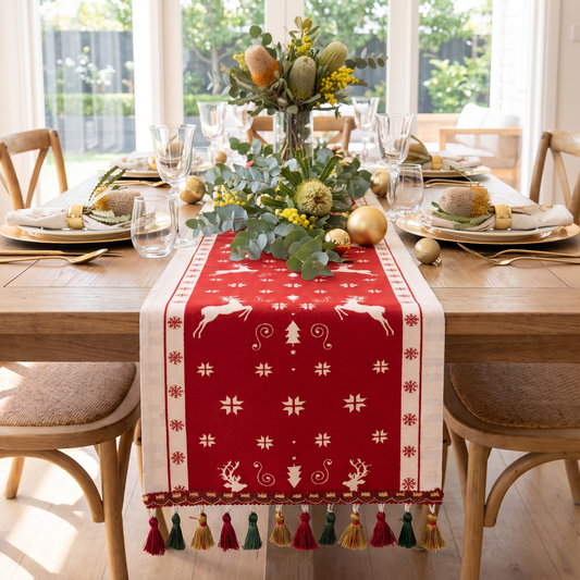 Merry Christmas Tassel Table Runner – styled on a dining table
