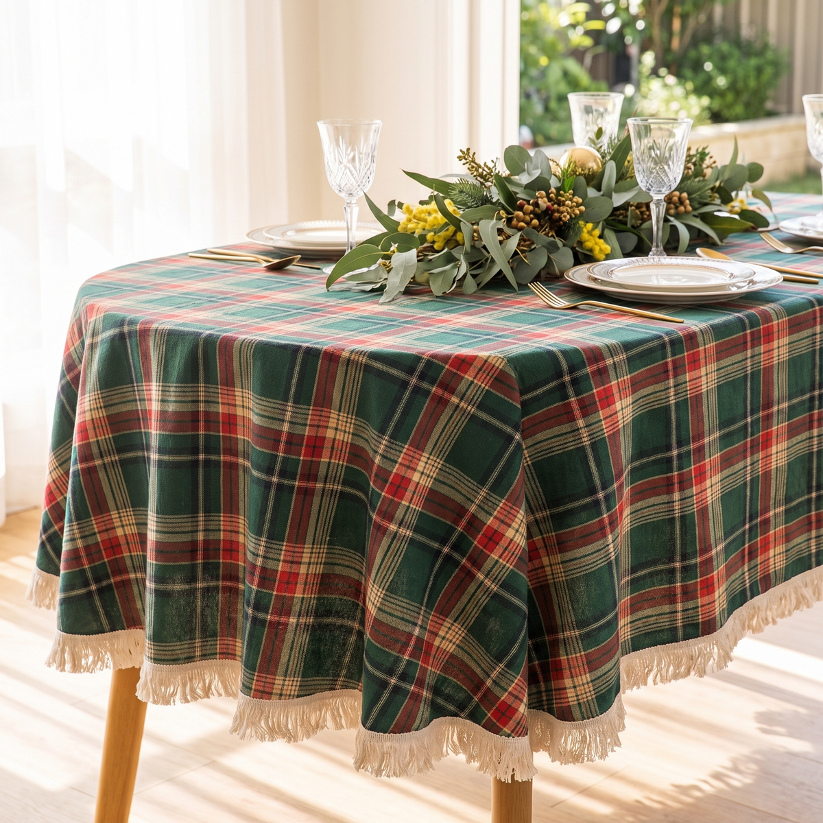 Vintage Plaid Round Christmas Tablecloth – styled on a dining table