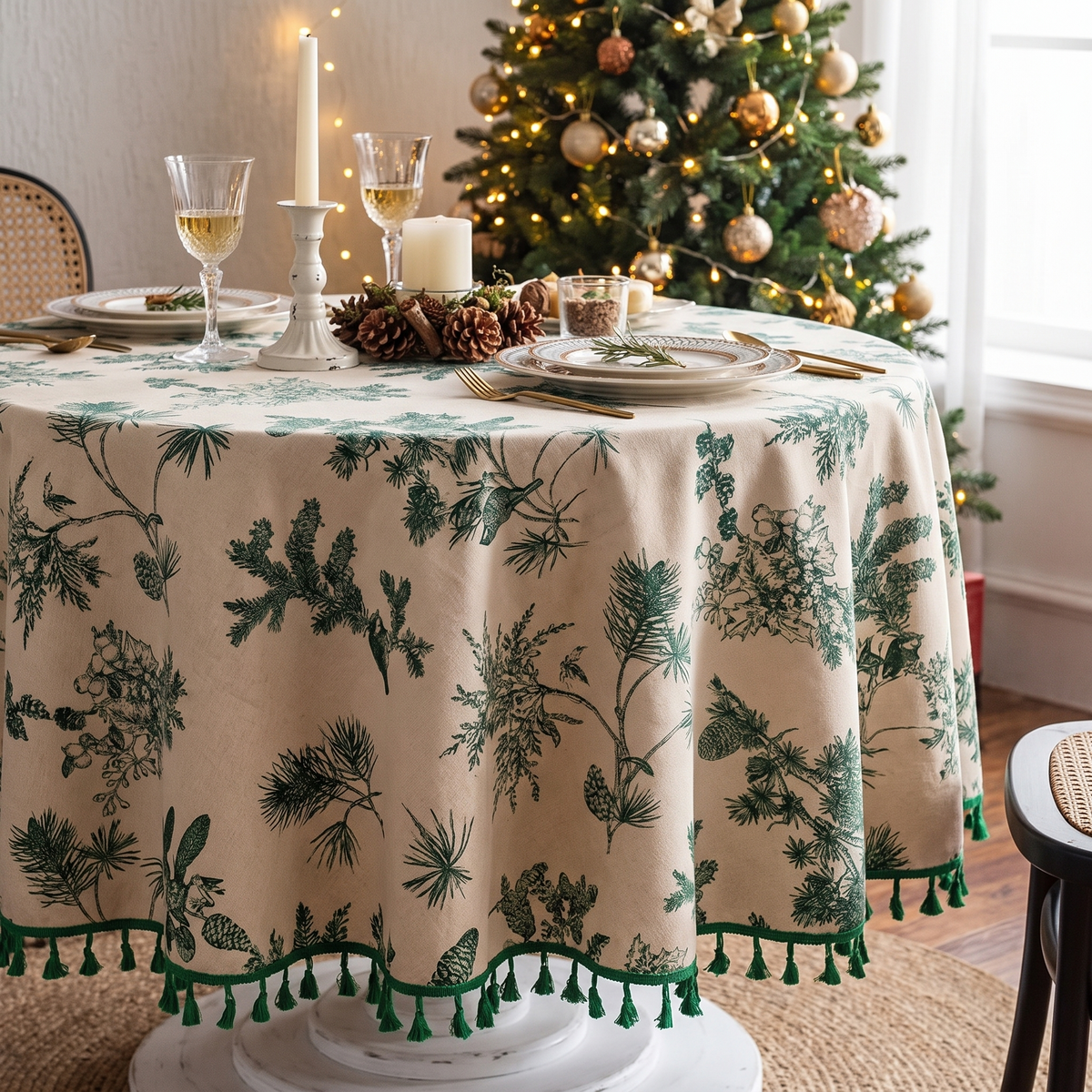 Pine Cone Print Round Christmas Tablecloth – styled on a dining table