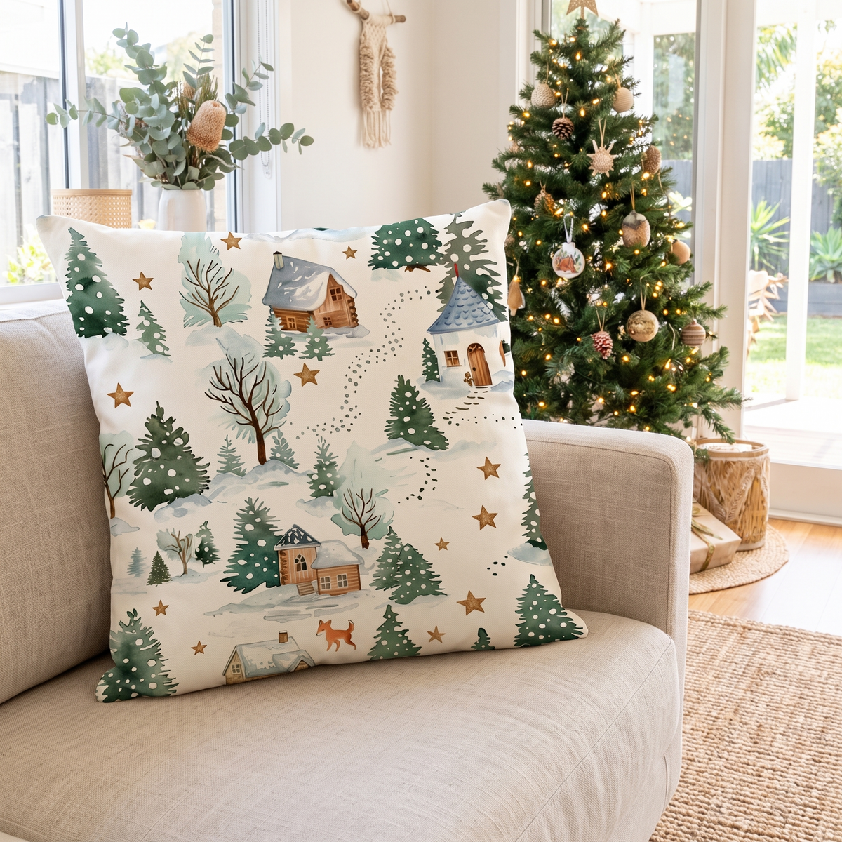 Winter Wonderland Christmas Cushion Cover – styled on a sofa