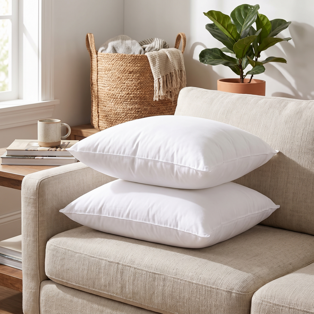 Hollowfibre Cushion Insert – Cotton Blend Cover – on a sofa