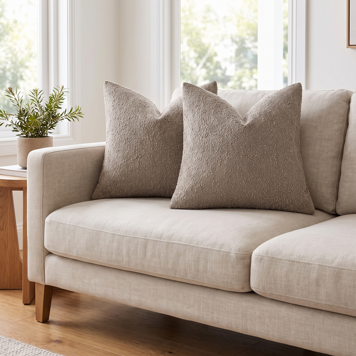 Textured Boucle Cushion Cover – Light Taupe – styled on a sofa