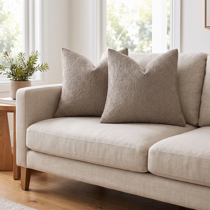 Textured Boucle Cushion Cover – Light Taupe – styled on a sofa