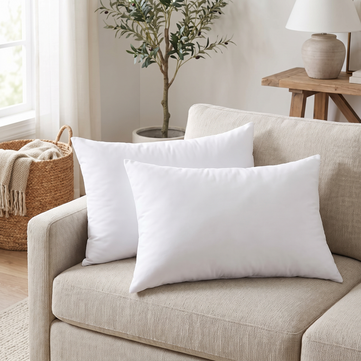 Plump Fluffy Lumbar Cushion Insert – White – on a sofa