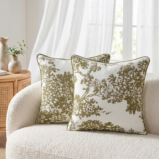 French Floral Jacquard Cushion Cover – Olive Green – styled on a sofa
