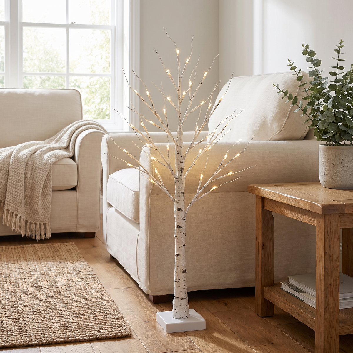LED Birch Tree Decorative Light – styled on a side table