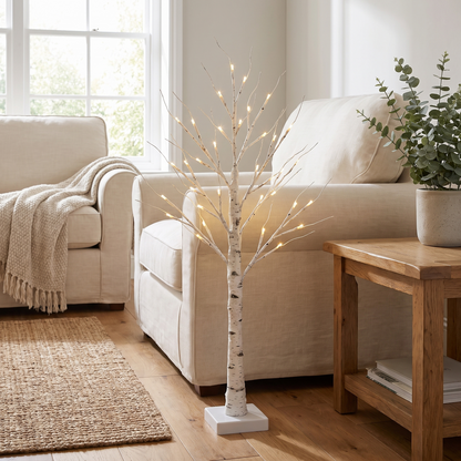 LED Birch Tree Decorative Light – styled on a side table