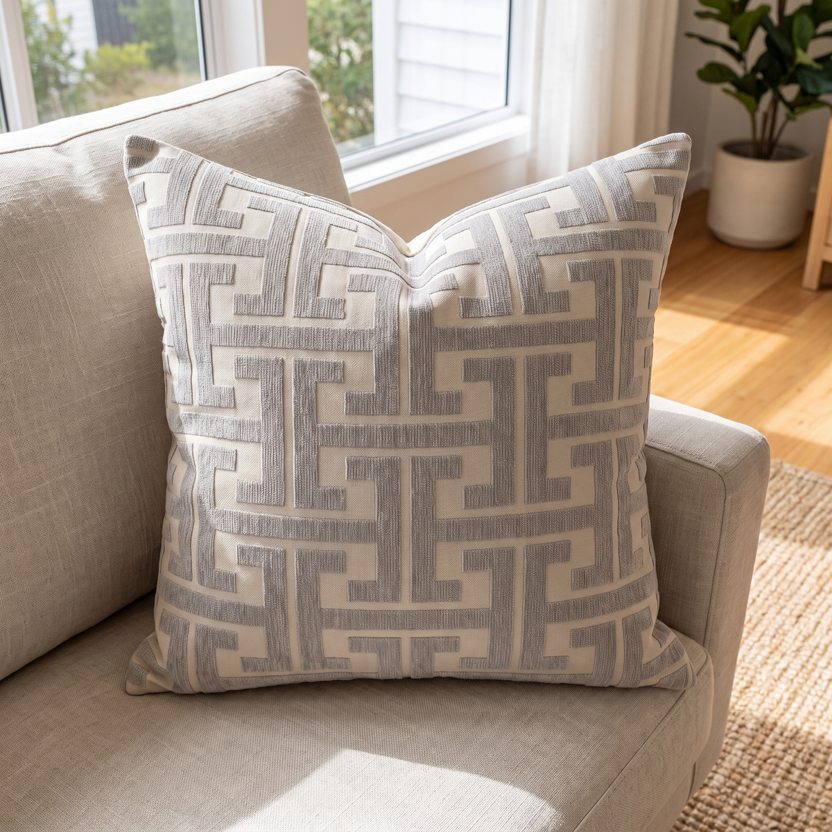 Maze Pattern Cushion Cover – Geometric – styled on a sofa