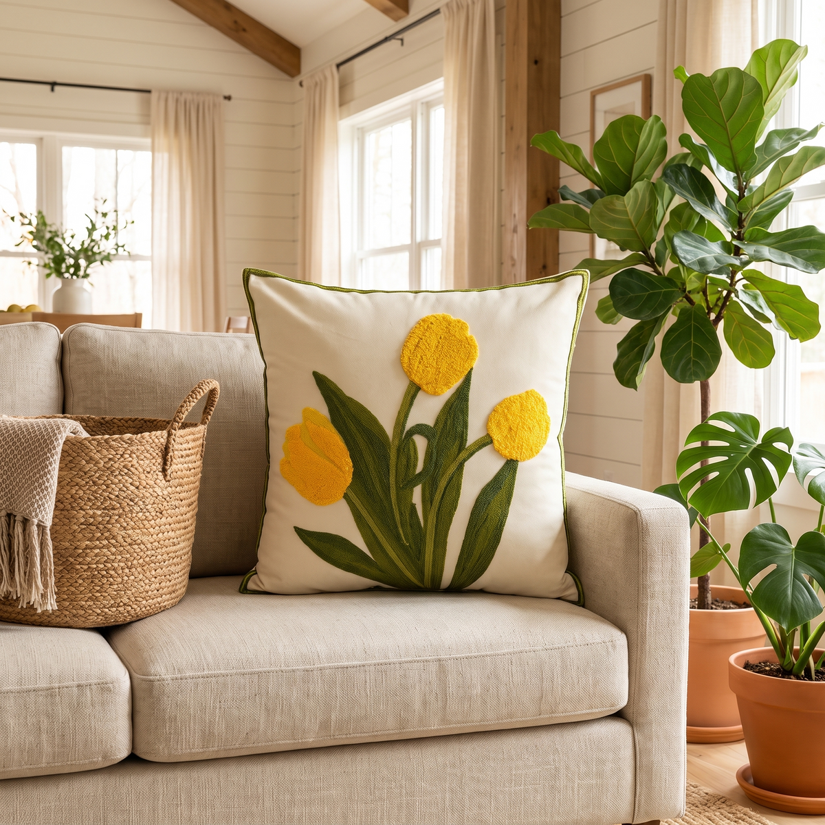 Blooming Tulip Cushion Cover – Floral – styled on a sofa