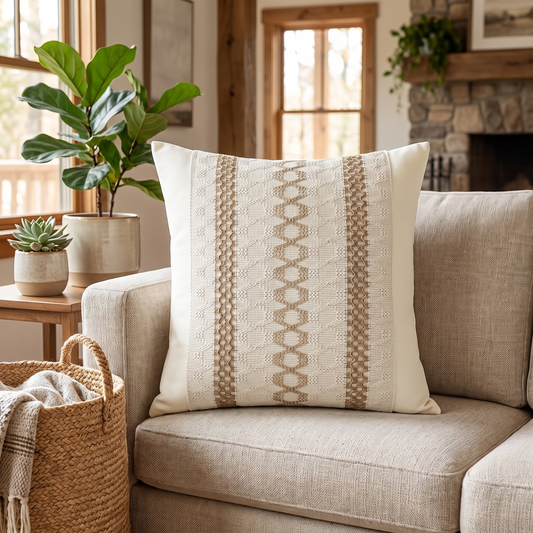 Earthy Textured Cushion Cover – Terracotta – styled on a sofa