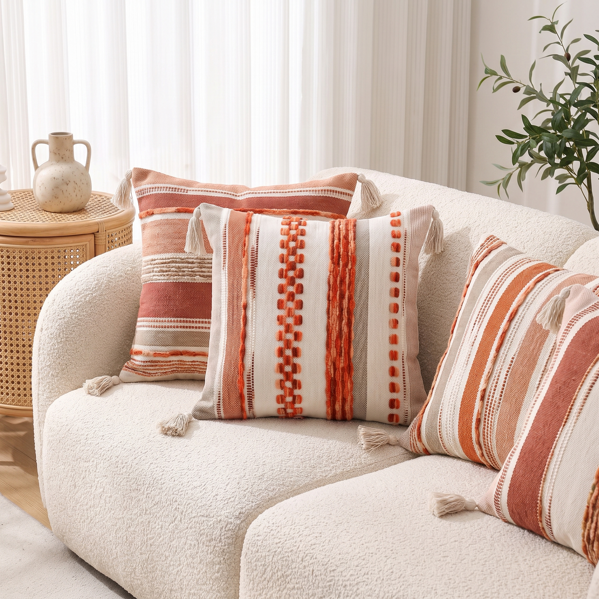Double-Sided Boho Stripe Cushion Covers – Set of 4 – full set styled on a sofa