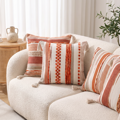Double-Sided Boho Stripe Cushion Covers – Set of 4 – full set styled on a sofa