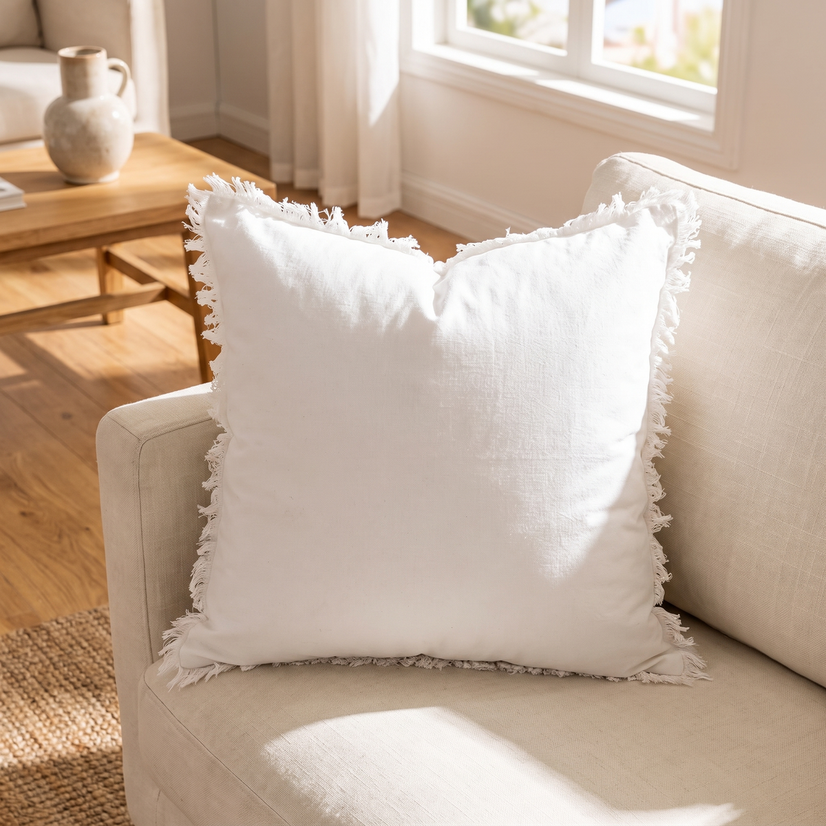 Bohemian Fringe Cushion Cover – Natural – styled on a sofa