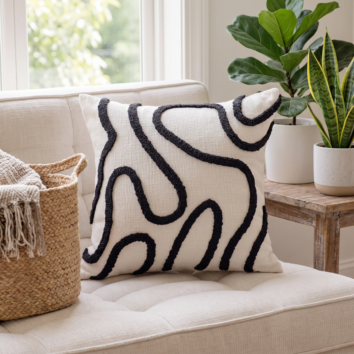 Wave Textured Cushion Cover – Serene Flow – styled on a sofa
