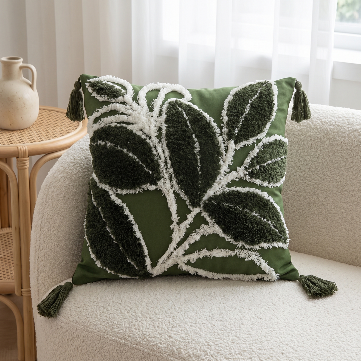 Plush Leaf Tassel Cushion Cover – Sage – styled on a sofa