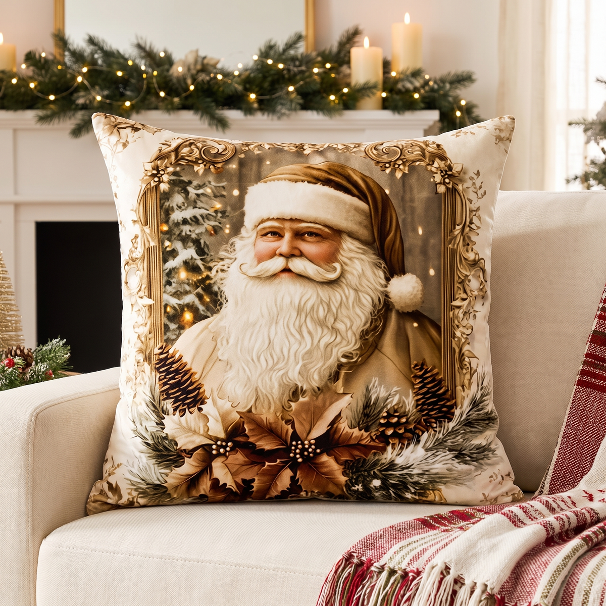Golden Velvet Christmas Cushion Cover – styled on a sofa