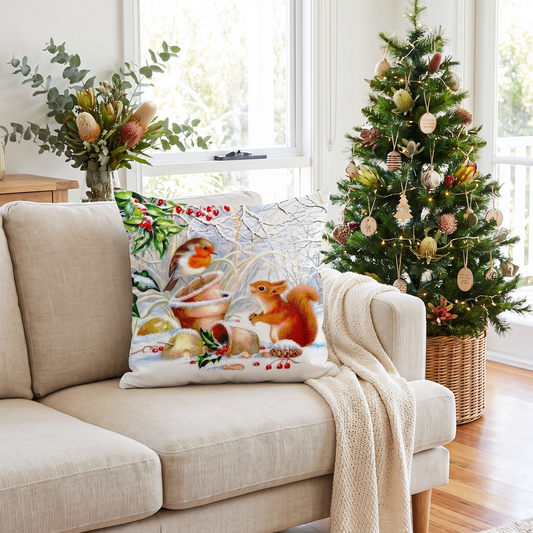 Woodland Squirrel Christmas Cushion Cover – styled on a sofa
