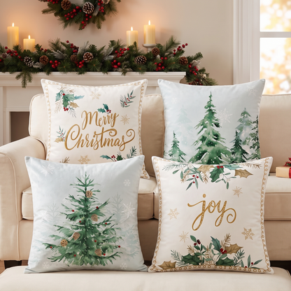Velvet Pine Tree Christmas Cushion Covers – Set of 4 – full set styled on a sofa