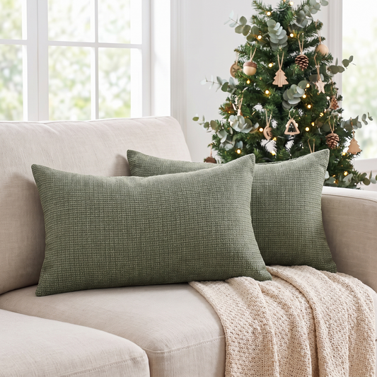 Linen Christmas Lumbar Cushion Cover – Grey Green – styled on a sofa