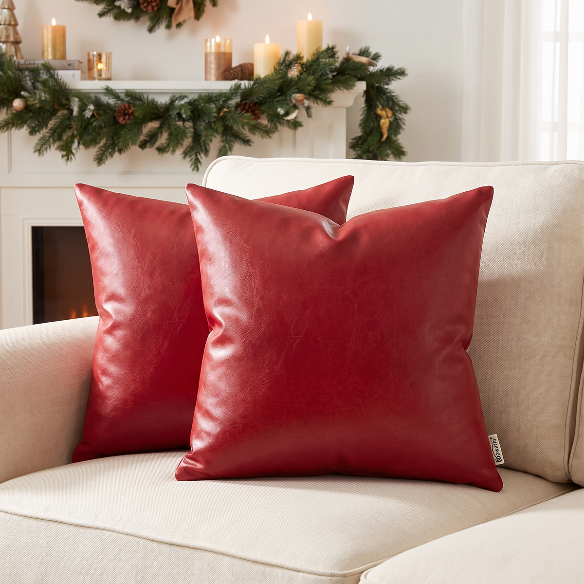 Faux Leather Christmas Cushion Cover – Red – styled on a sofa