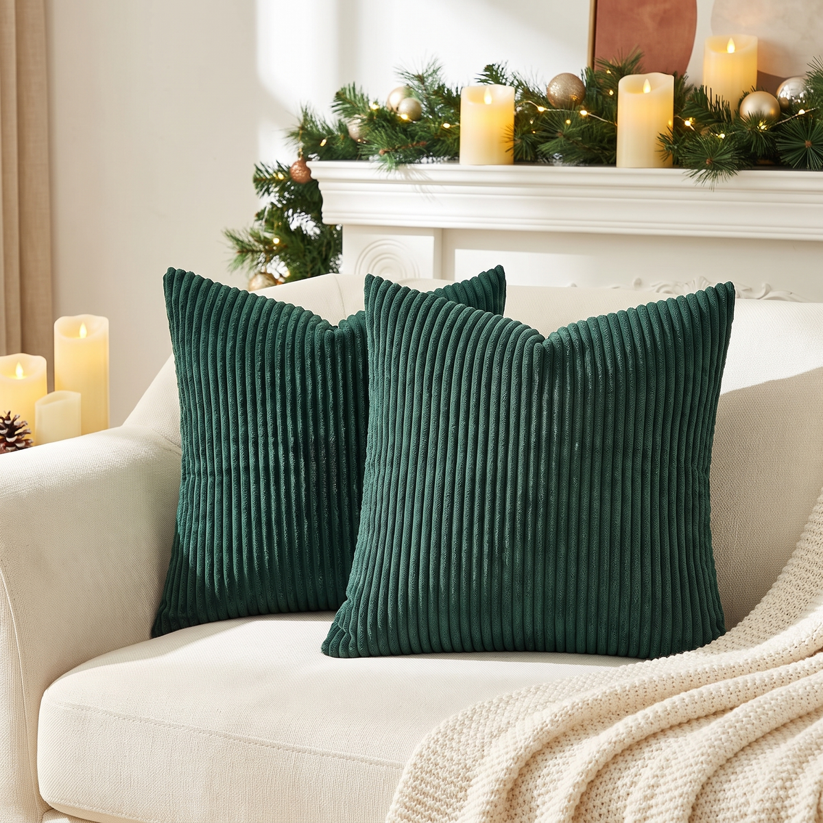 Striped Corduroy Christmas Cushion Cover – Dark Green – styled on a sofa