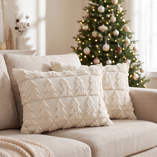 Plush Velvet Christmas Lumbar Cushion Cover – Cream – styled on a sofa